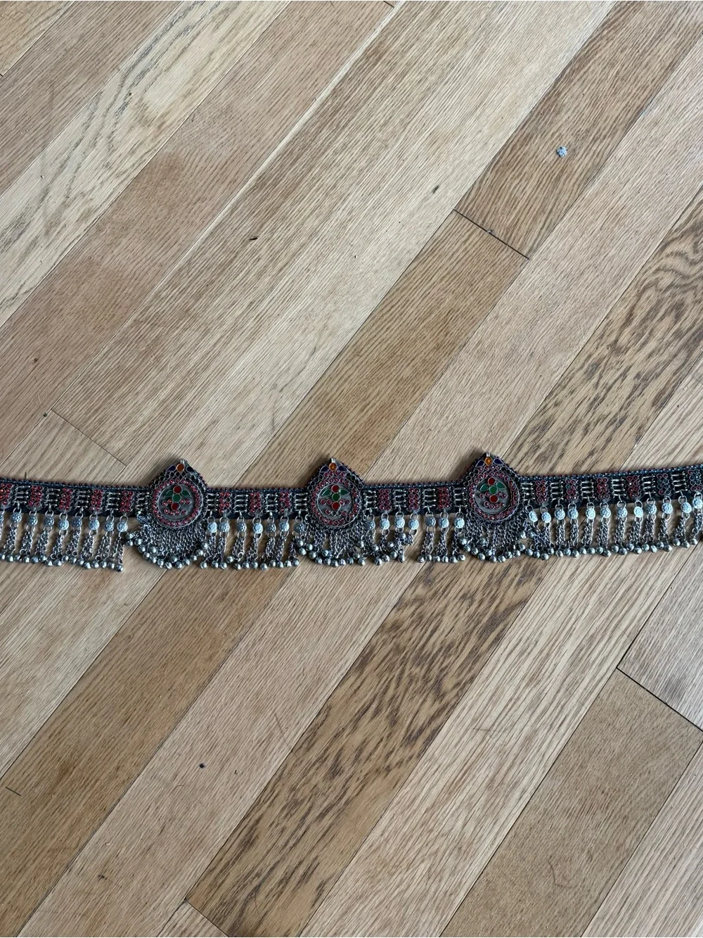 Vintage Afghan Kuchi Tribal Waist Belt Glass Medallions Bells Boho 64”